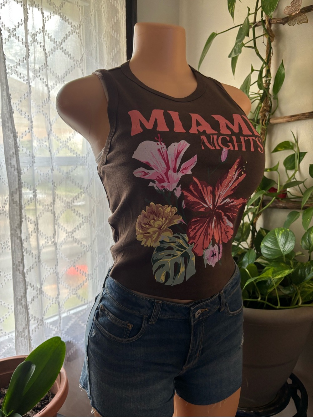 Target Brown 'Miami Nights' Floral Graphic Tank Top And Dark Blue Jean Shorts